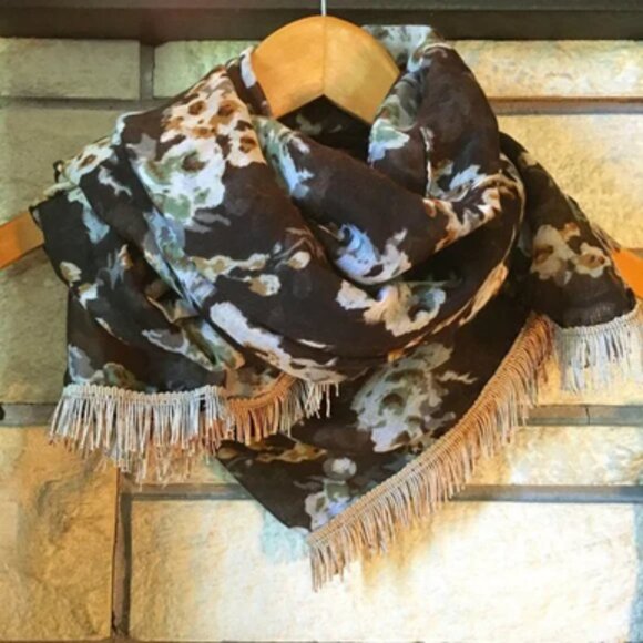 Large Voluminous Semi Sheer Tasseled Floral Scarf In Brown, Cream and Sage - Picture 12 of 14